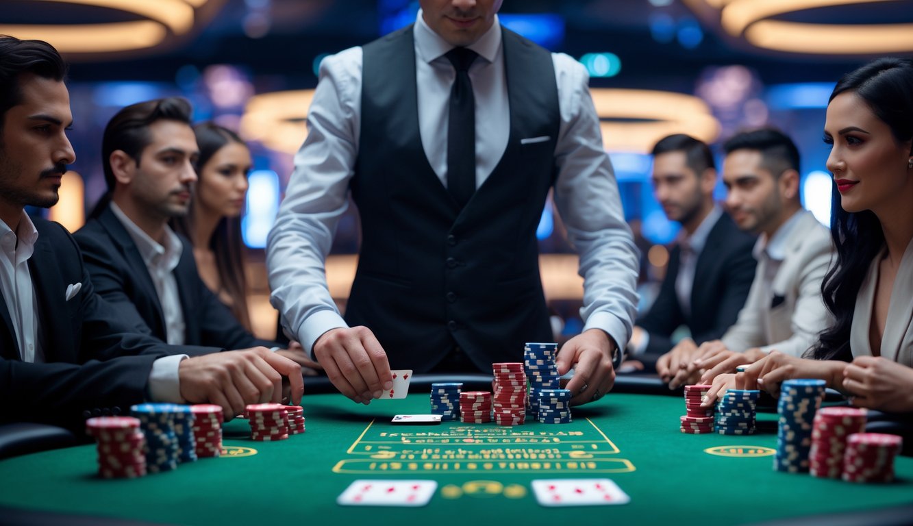 Meja poker Omaha Hi-Lo dengan dealer dan pemain yang fokus bermain di kasino modern.