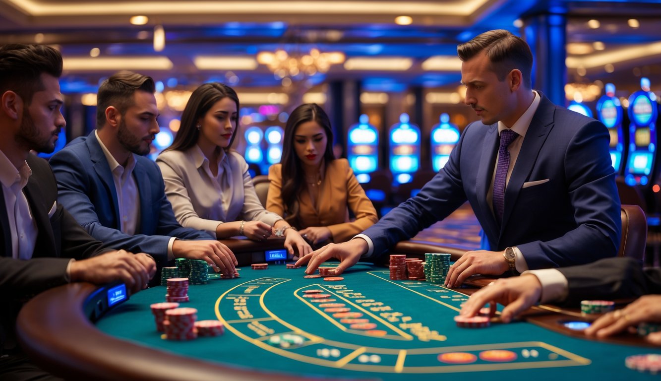 Suasana meja permainan kartu Hi-Lo di kasino dengan pemain dan dealer yang fokus, dikelilingi oleh elemen kasino lainnya.