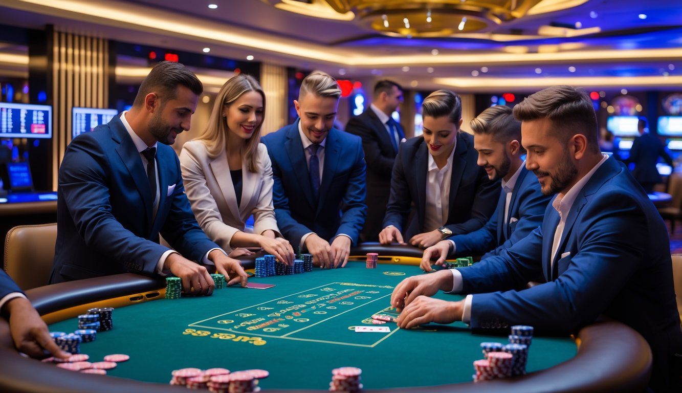 Sejumlah pemain berjudi poker Omaha Hi-Lo di meja kasino yang mewah dan aman dengan suasana profesional.