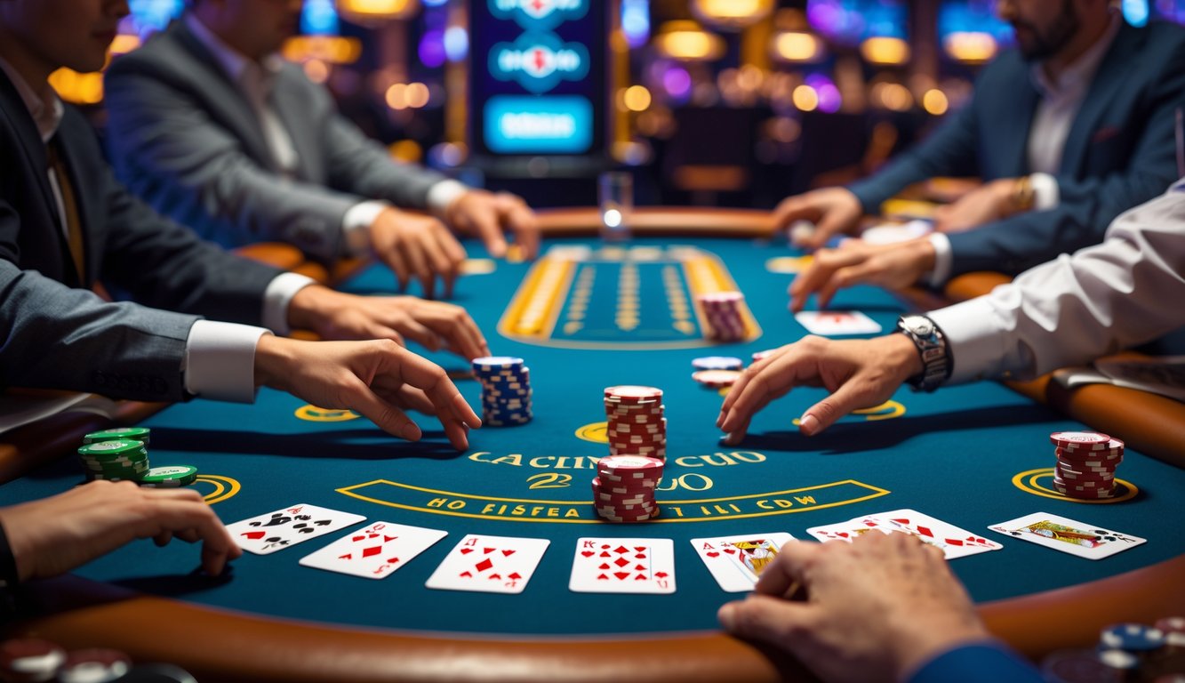 Meja permainan kartu Hi-Lo dengan tumpukan chip poker dan kartu yang rapi, pemain sedang bermain di suasana kasino yang mewah.