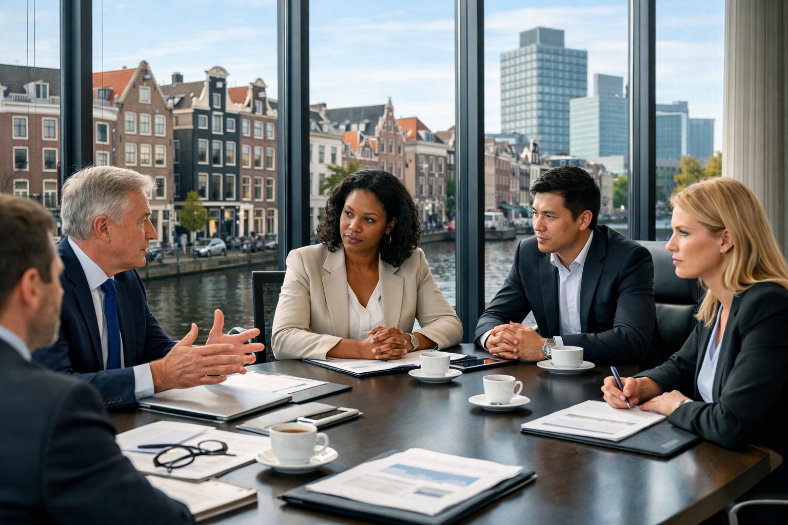 A group of business professionals having a serious meeting around a conference table in an office with a view of Dutch city buildings.