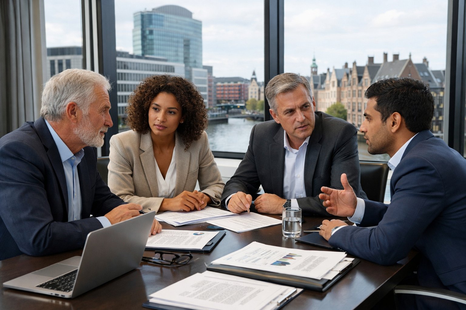 A group of business professionals in a modern office having a serious discussion around a conference table with documents and laptops.