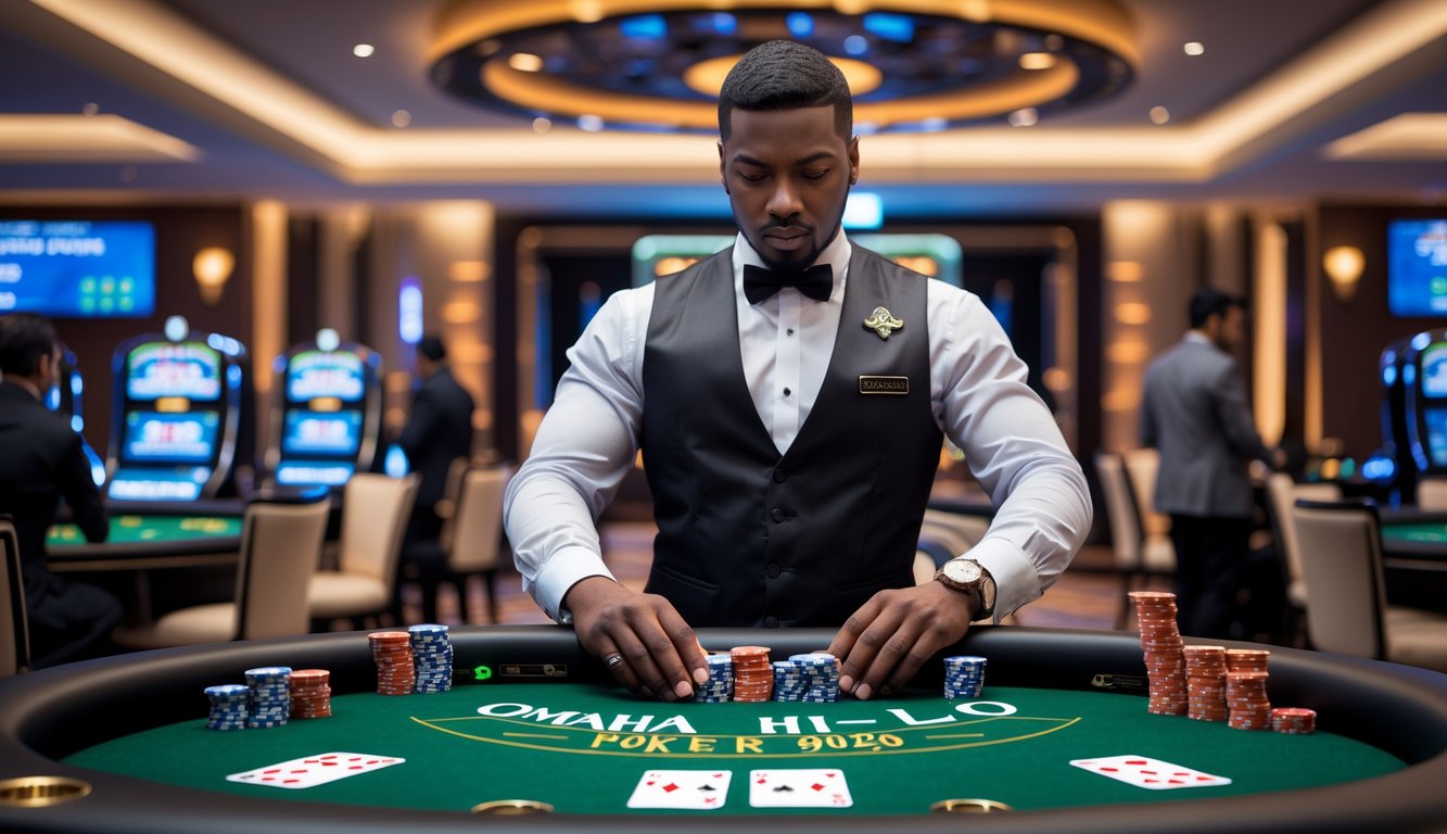 Seorang bandar judi sedang mengelola permainan poker Omaha Hi-Lo di meja hijau di dalam kasino modern.