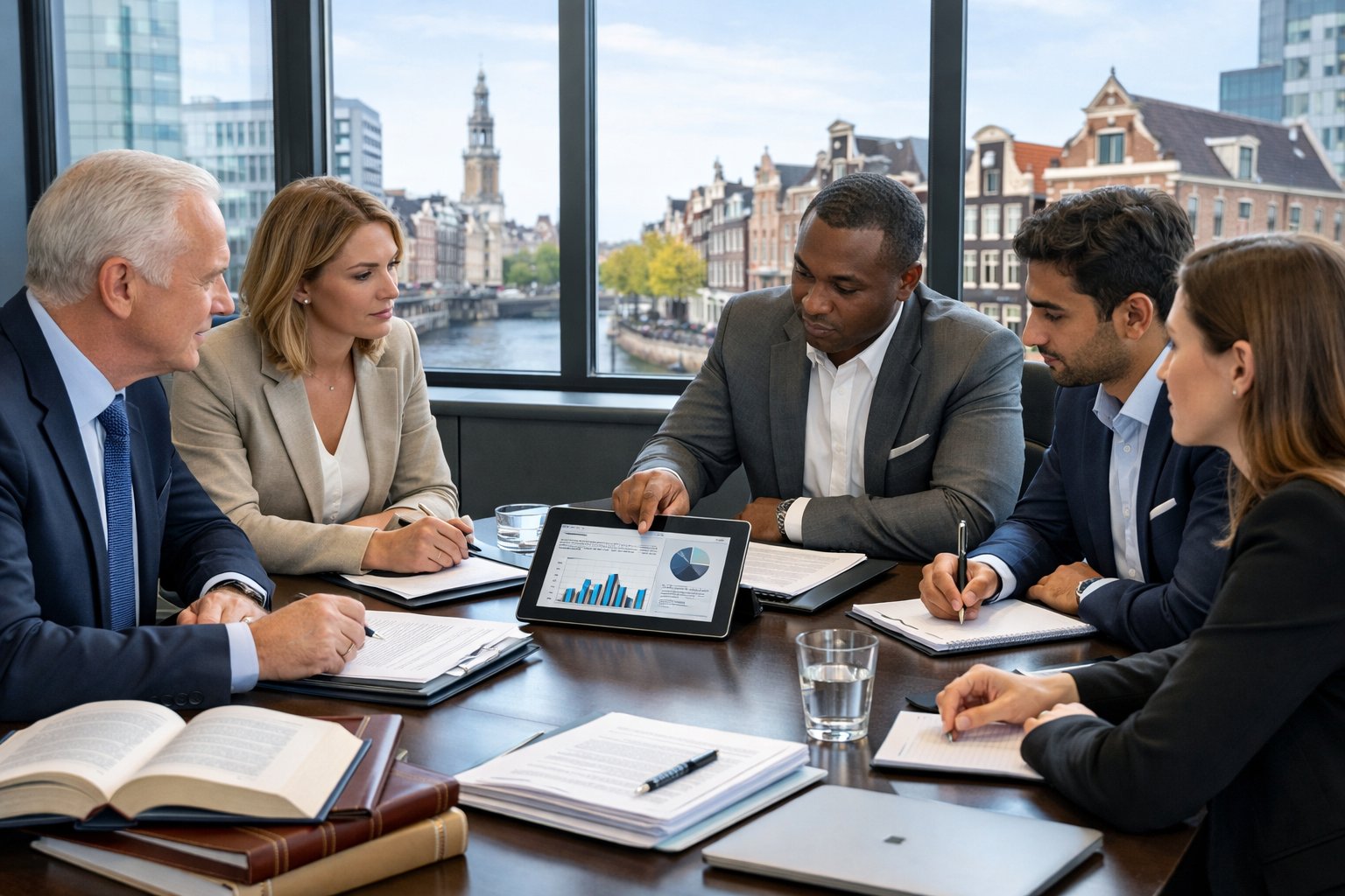 A group of business professionals having a meeting in a modern office with city views, discussing documents and using laptops around a conference table.