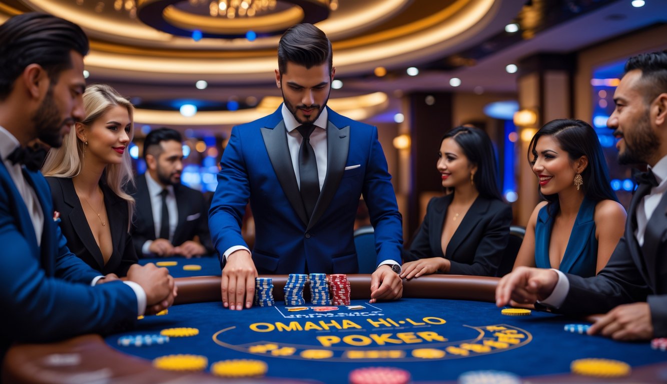 Seorang dealer dan beberapa pemain berpakaian rapi sedang bermain poker Omaha Hi-Lo di meja kasino mewah dengan suasana eksklusif.