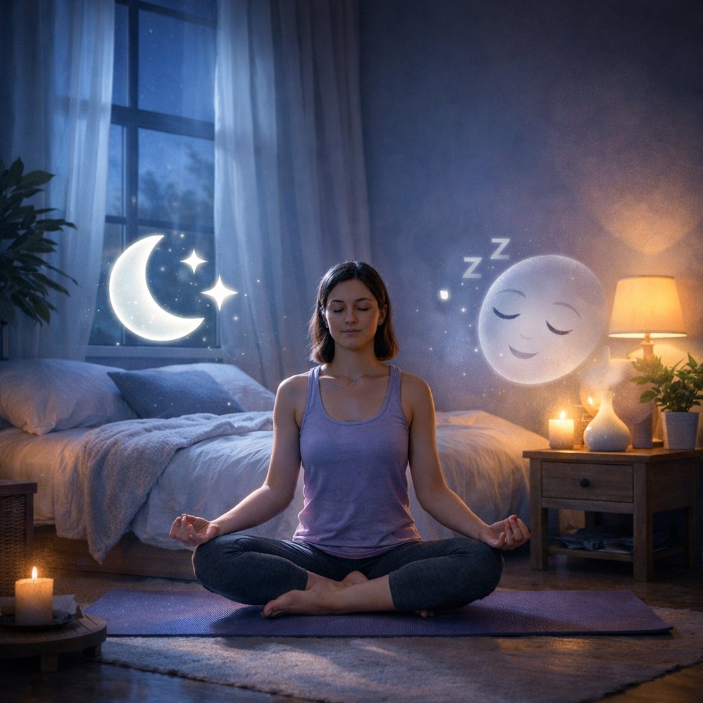 A person practicing yoga in a calm pose beside a bed in a softly lit bedroom at night, surrounded by symbols representing restful sleep.