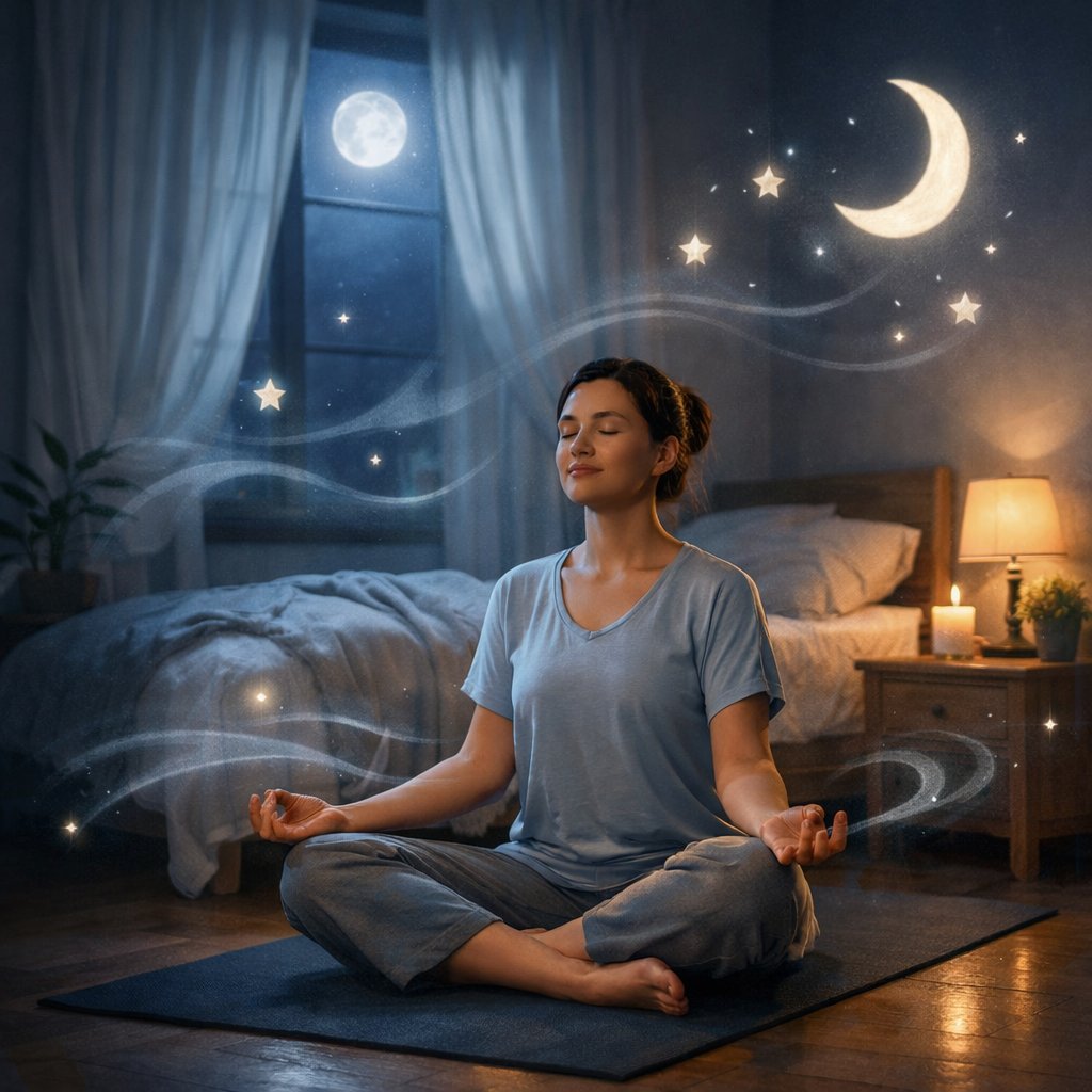 A person practicing yoga in a peaceful bedroom at night, surrounded by calming symbols like stars and a crescent moon.