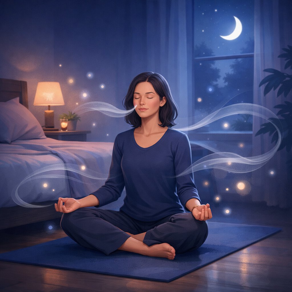A person sitting cross-legged on a yoga mat in a bedroom at night, meditating with closed eyes, surrounded by soft glowing lights and moonlight coming through a window.