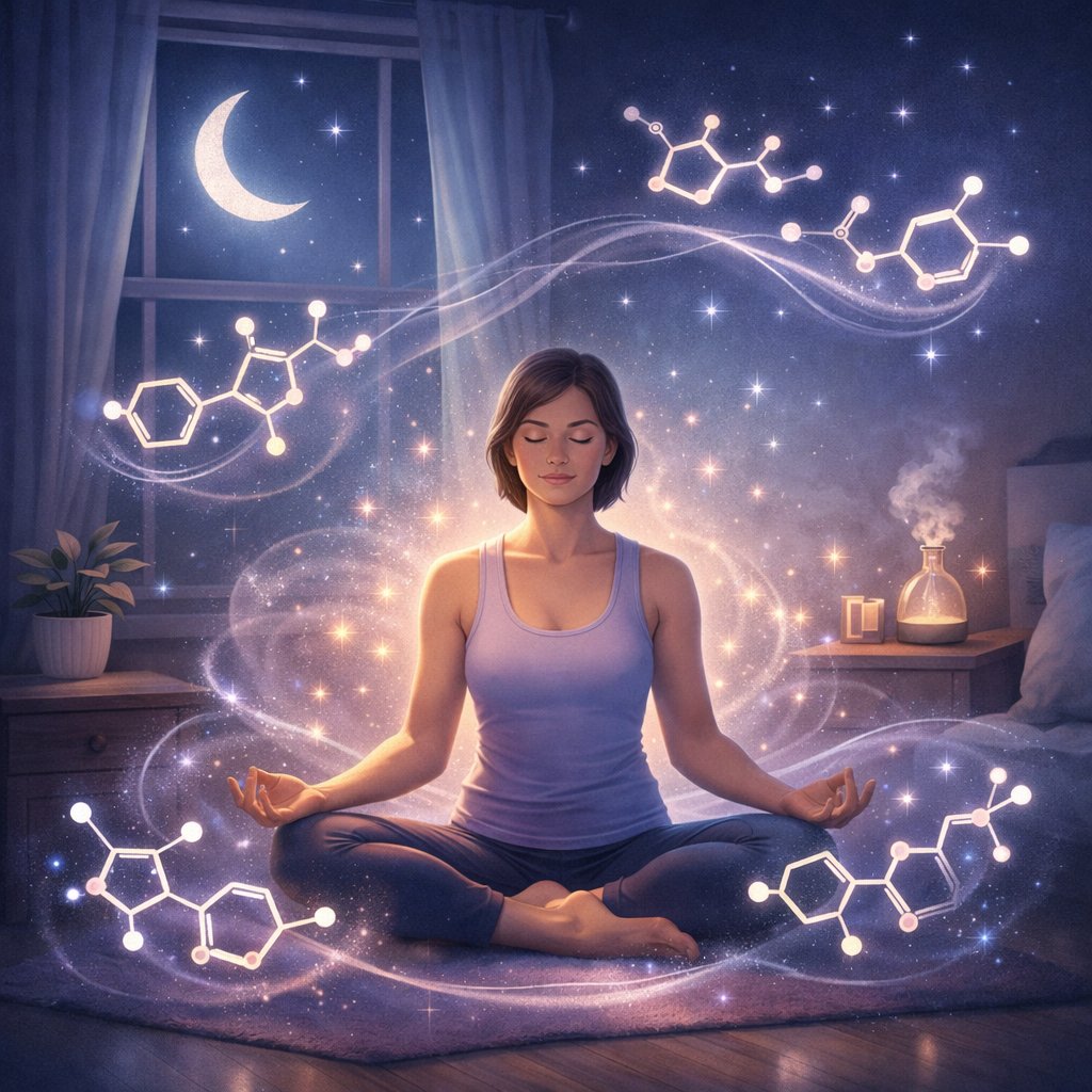 A person practicing yoga in a calm bedroom at night with glowing symbols representing sleep hormones around them.