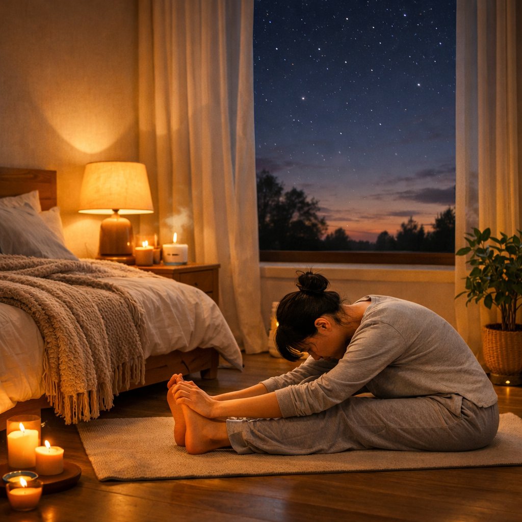 A person doing a gentle yoga pose on a mat in a softly lit bedroom at dusk, next to a bed with cozy blankets.