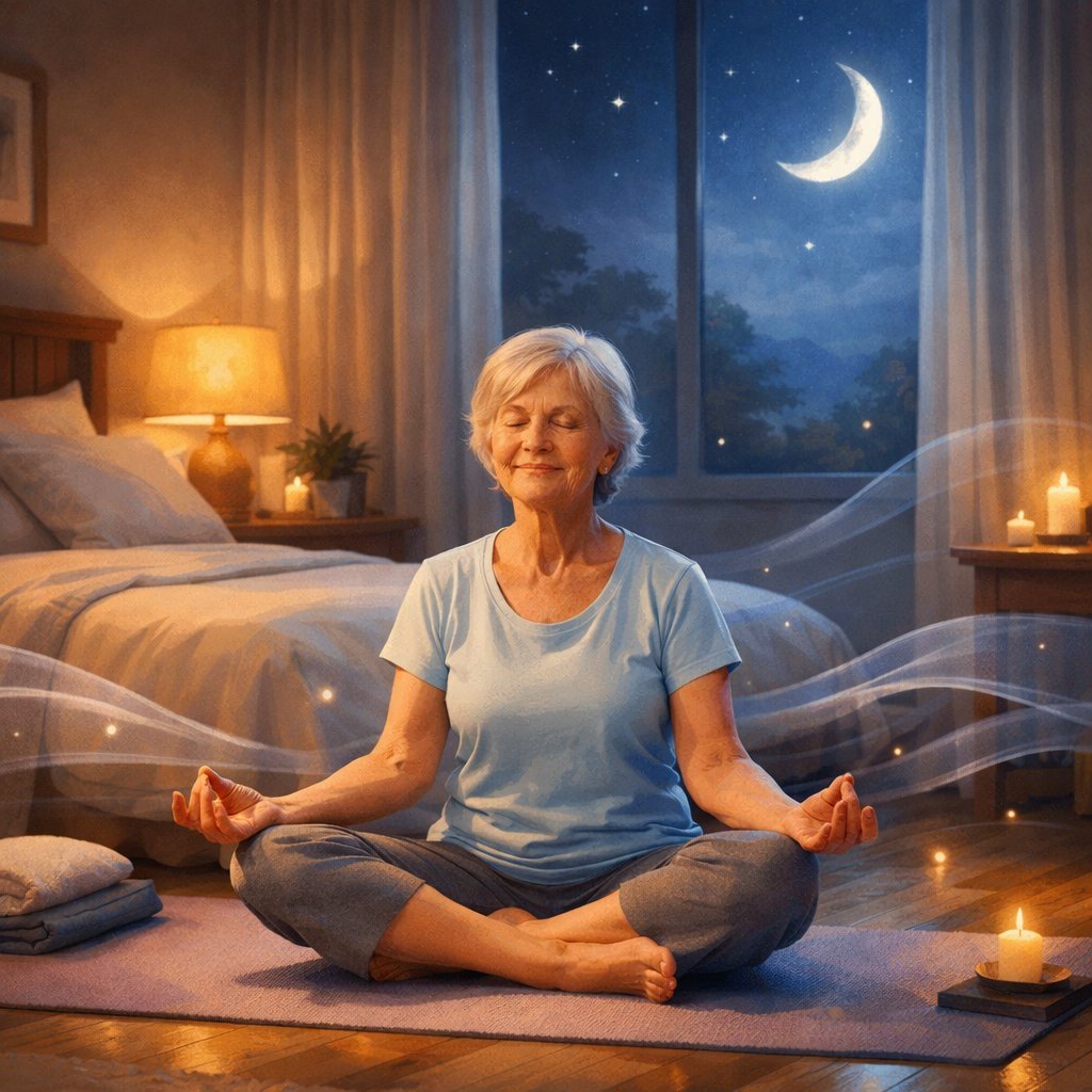 An elderly woman practicing yoga on a mat near a bed in a calm bedroom at night with moonlight visible through a window.