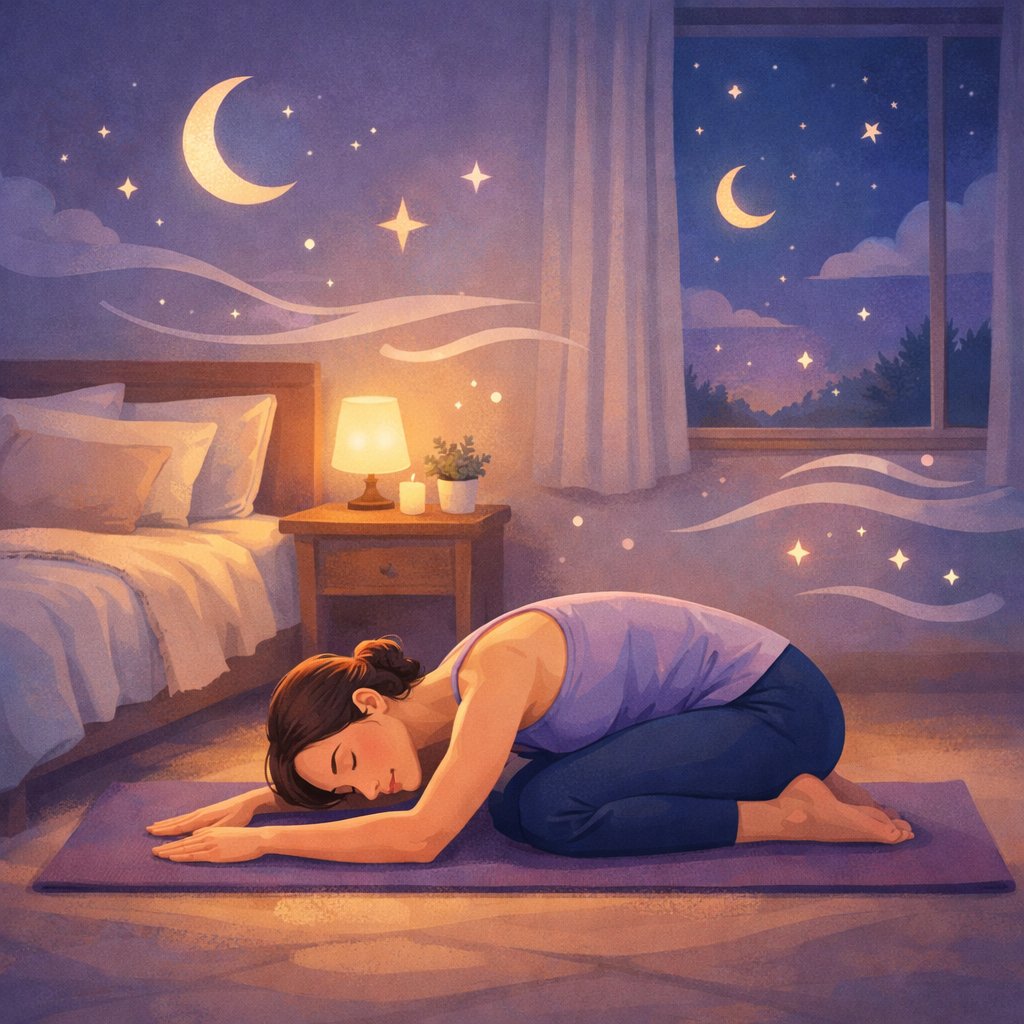 A person doing a gentle yoga pose on a mat next to a bed in a softly lit bedroom at night, surrounded by calming symbols like stars and moons.