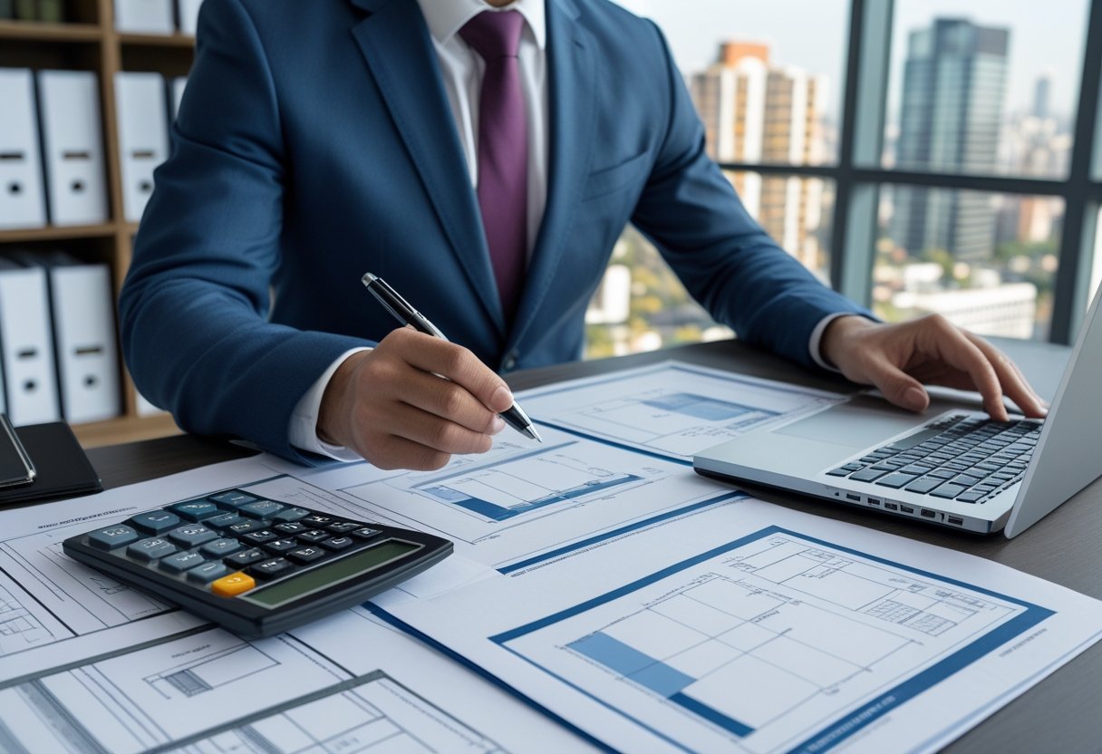 Ein Immobiliengutachter prüft Dokumente und Pläne in einem modernen Büro.
