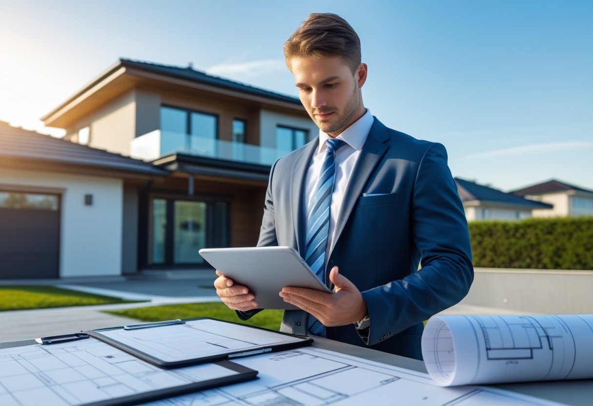Ein Gutachter in Geschäftskleidung untersucht ein modernes Wohnhaus und hält einen Tablet-Computer und Unterlagen in der Hand.