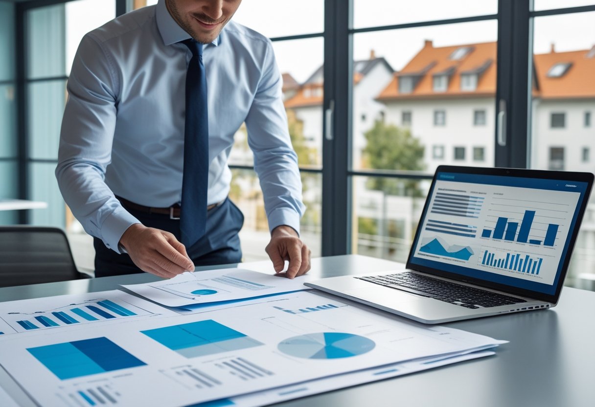Ein professioneller Gutachter betrachtet Dokumente und Pläne in einem modernen Büro mit Blick auf eine Stadtlandschaft.