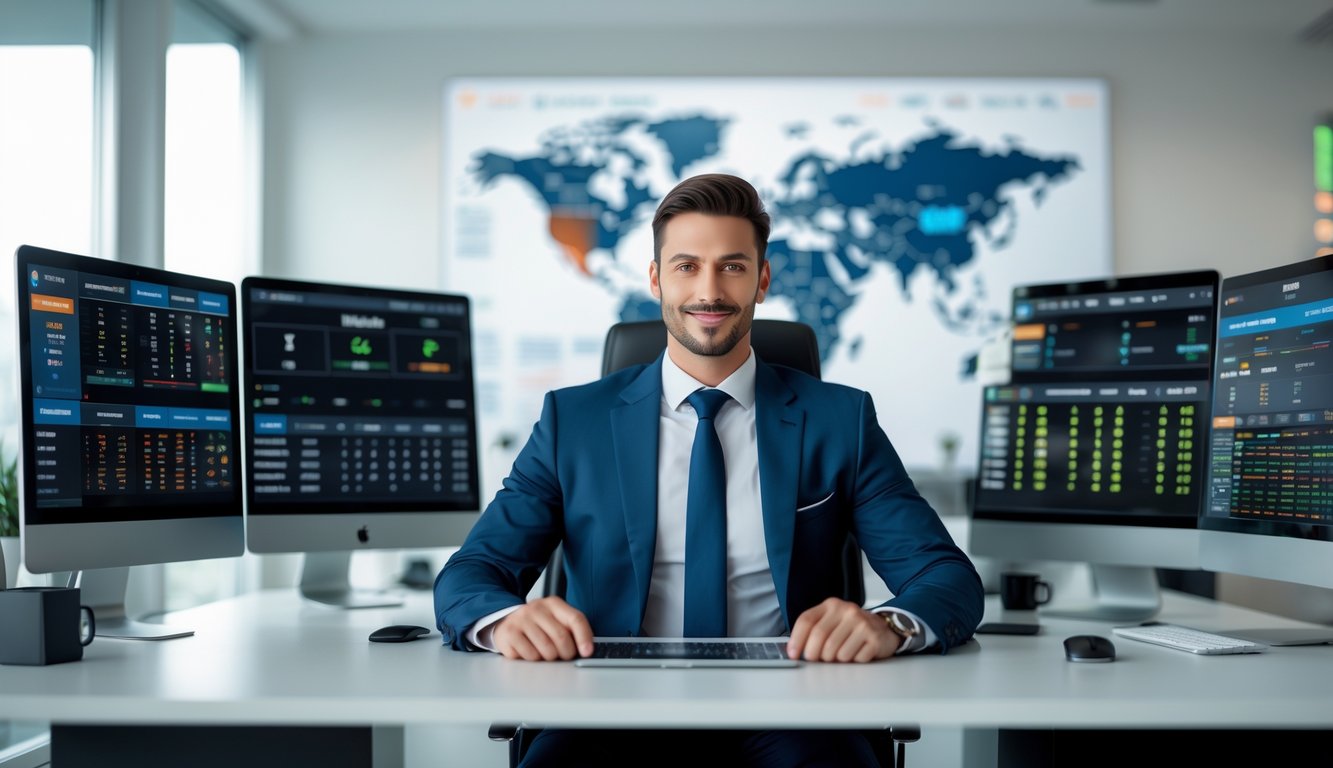 Seorang pria bisnis duduk di meja kantor modern dengan beberapa layar komputer yang menampilkan data taruhan olahraga.