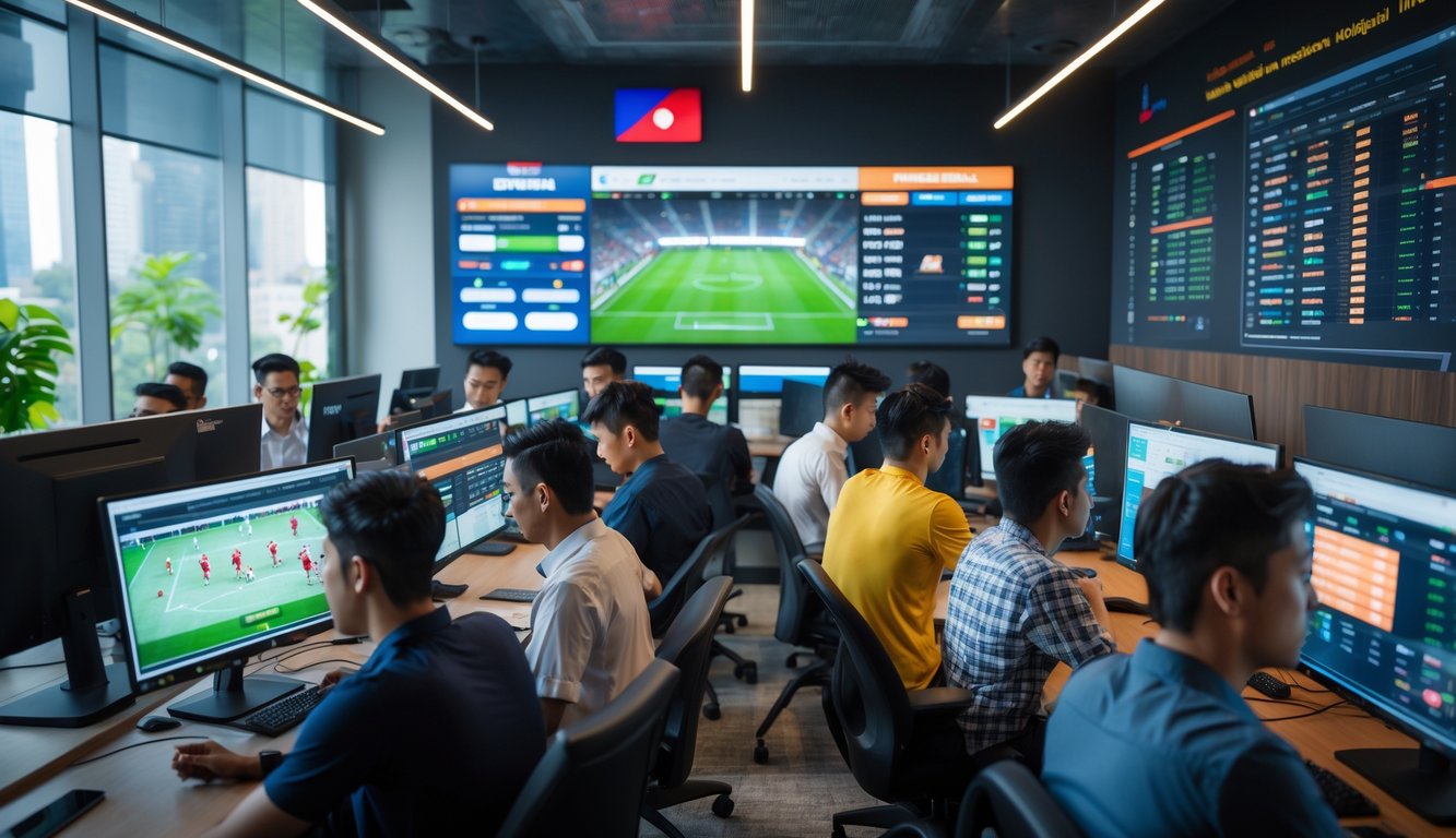 Sekelompok orang muda sedang melihat layar komputer yang menampilkan pertandingan sepak bola dan data taruhan di sebuah kantor modern.