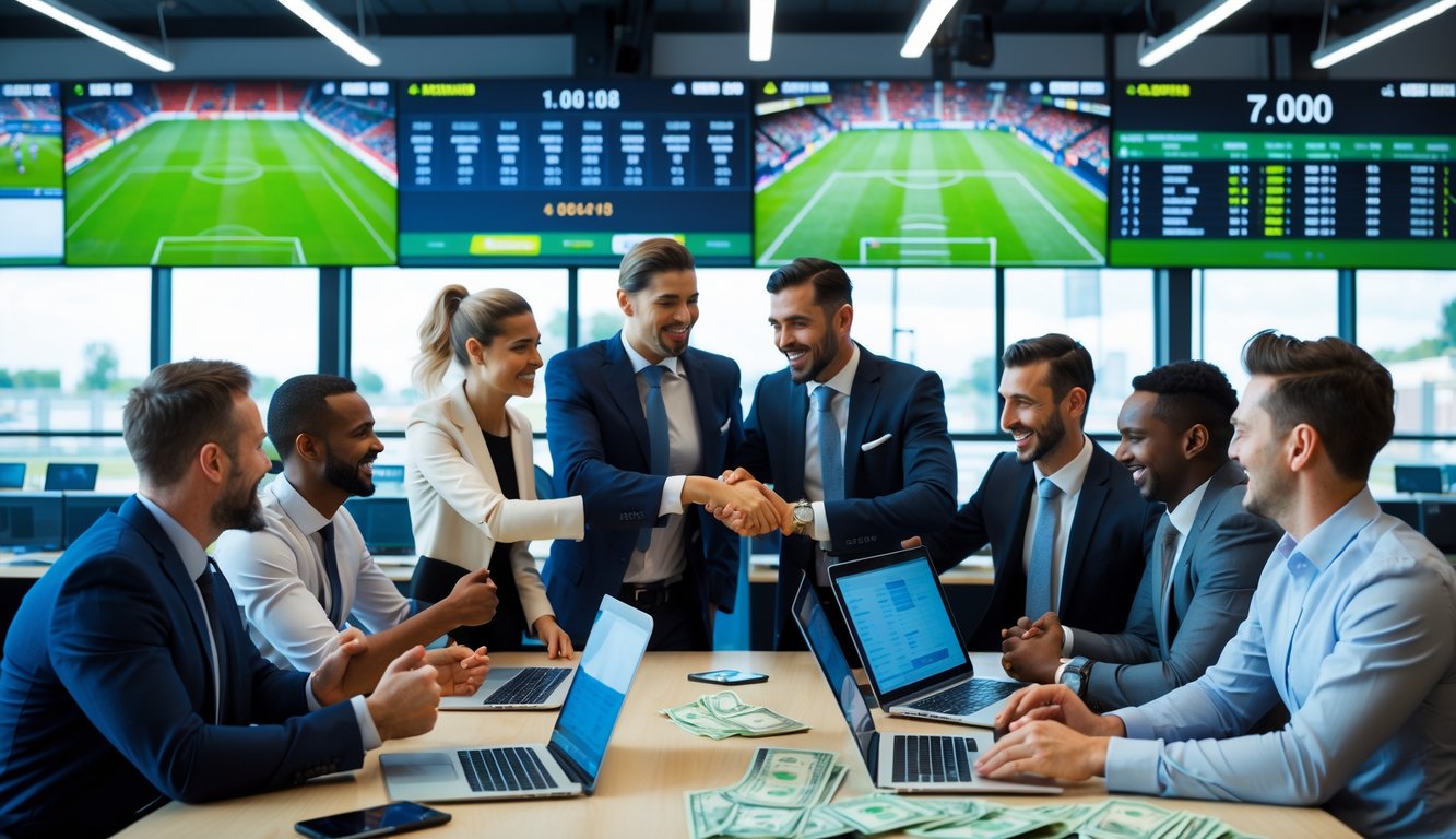 Orang-orang di ruang taruhan bola yang modern sedang melihat layar pertandingan sepak bola dan merayakan kemenangan.