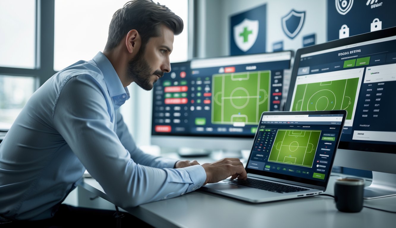 Seorang pria menggunakan laptop di kantor modern dengan layar menampilkan pertandingan sepak bola dan informasi taruhan.