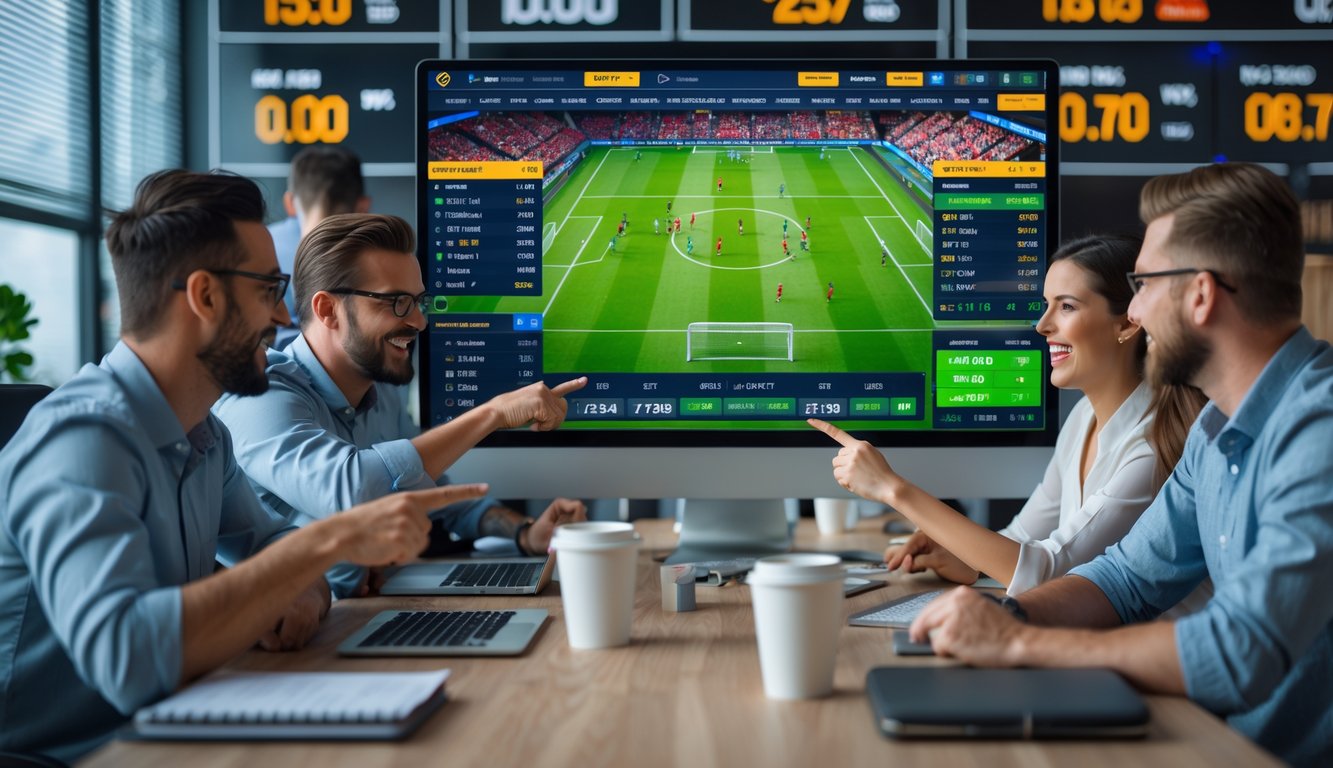 Orang-orang sedang melihat pertandingan sepak bola di layar komputer dan menggunakan perangkat digital untuk bertaruh online.