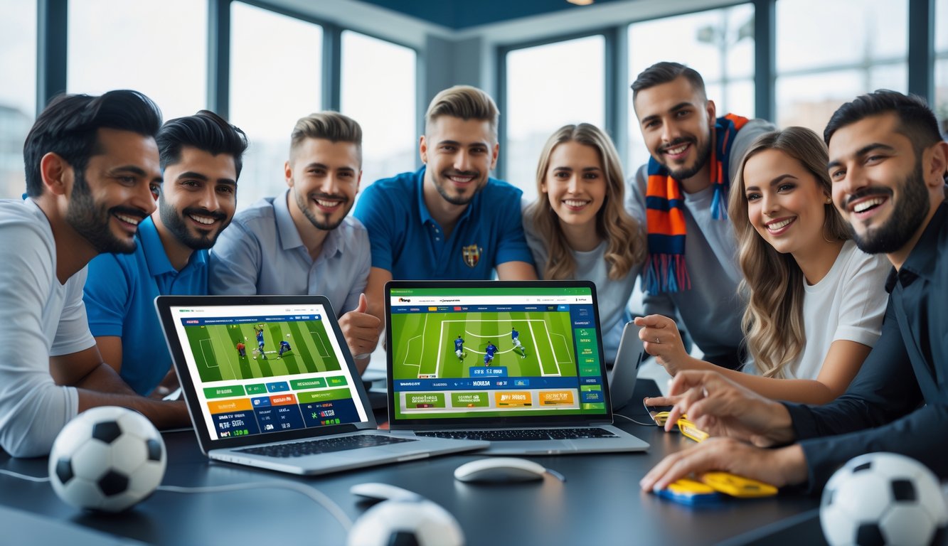 Sekelompok orang yang antusias menggunakan perangkat digital untuk memasang taruhan pada pertandingan sepak bola secara online.