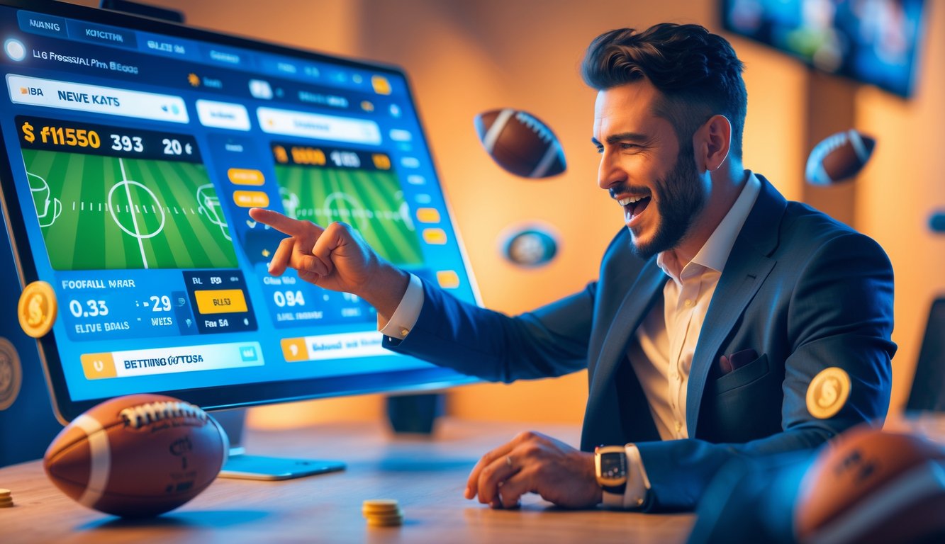 Seorang pria berpakaian rapi sedang menggunakan layar sentuh dengan tampilan statistik pertandingan sepak bola dan peluang taruhan.