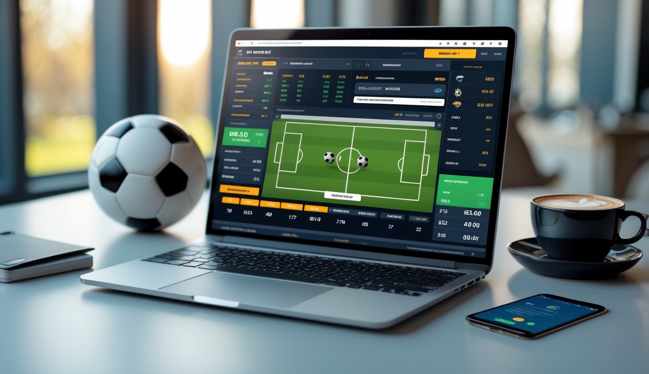 Meja kerja dengan laptop yang menampilkan antarmuka taruhan bola online, bola sepak di samping, dan ponsel dengan aplikasi taruhan terbuka.