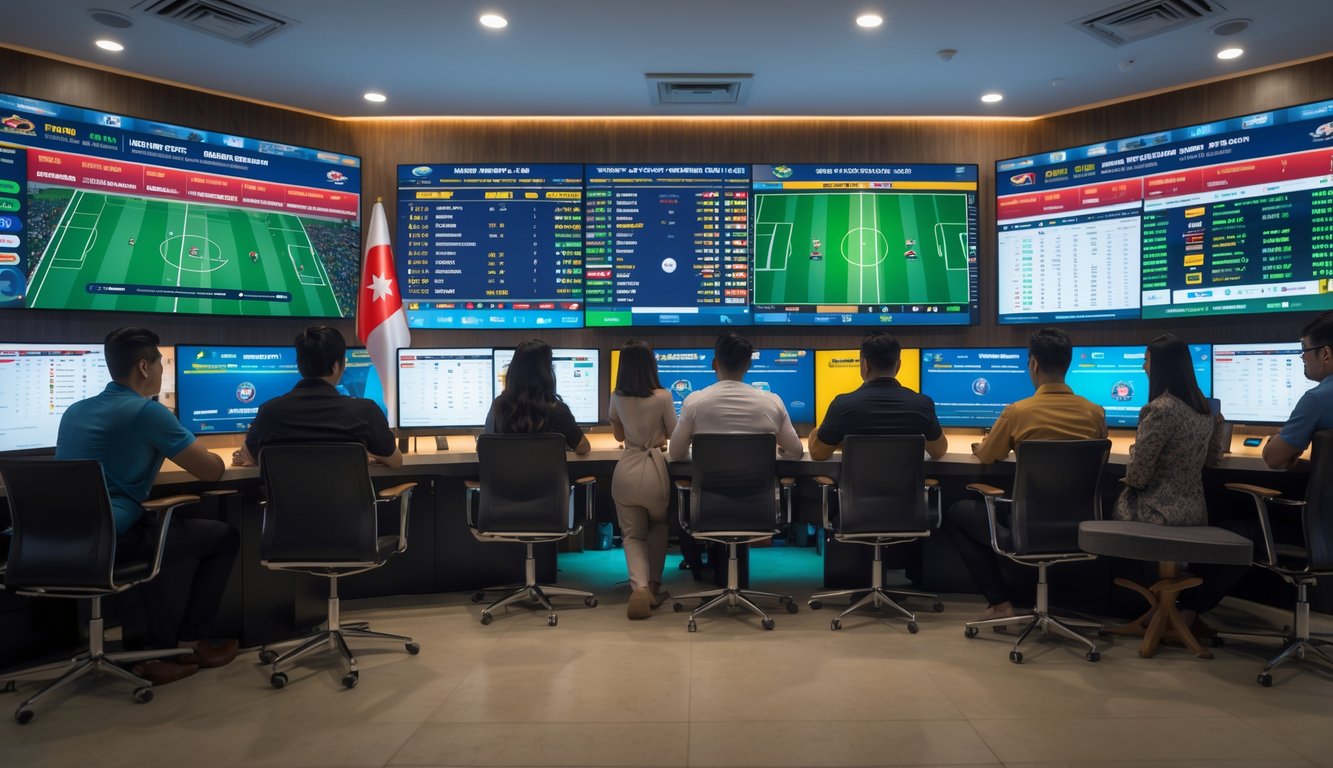 Sekelompok orang sedang melihat pertandingan sepak bola dan data taruhan di layar besar dalam ruang modern dengan dekorasi Indonesia.