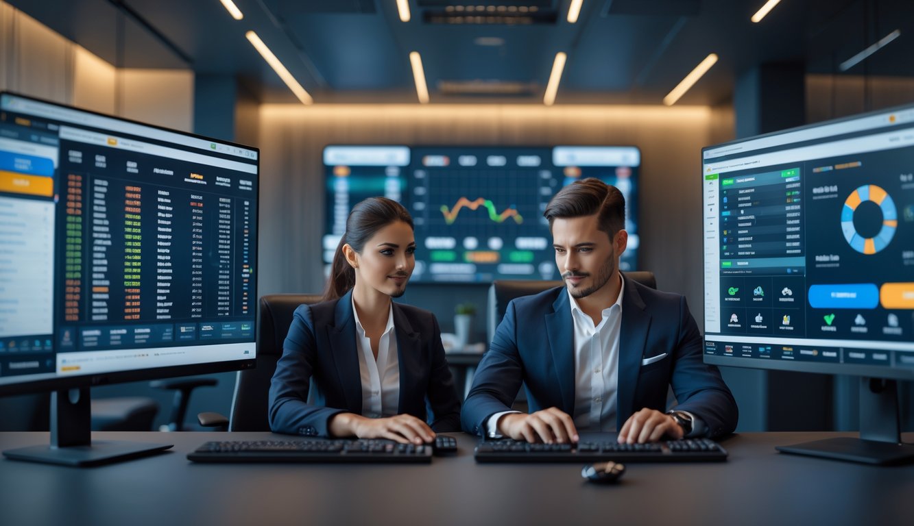 Seorang pria dan wanita duduk di depan komputer dengan layar menampilkan informasi taruhan olahraga dalam kantor modern.