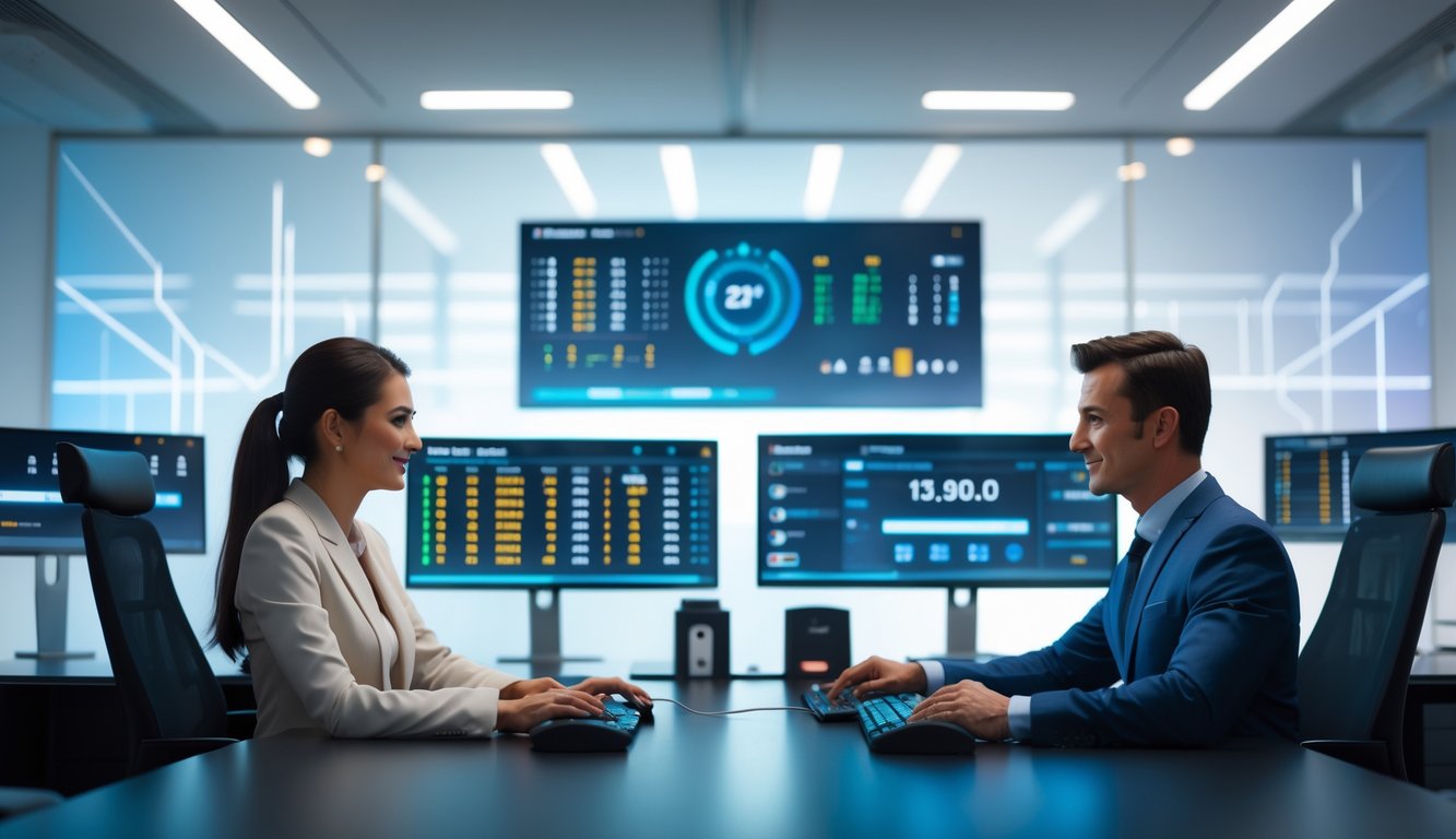 Seorang pria dan wanita duduk di meja dengan beberapa layar komputer menampilkan data taruhan, di sebuah kantor modern.