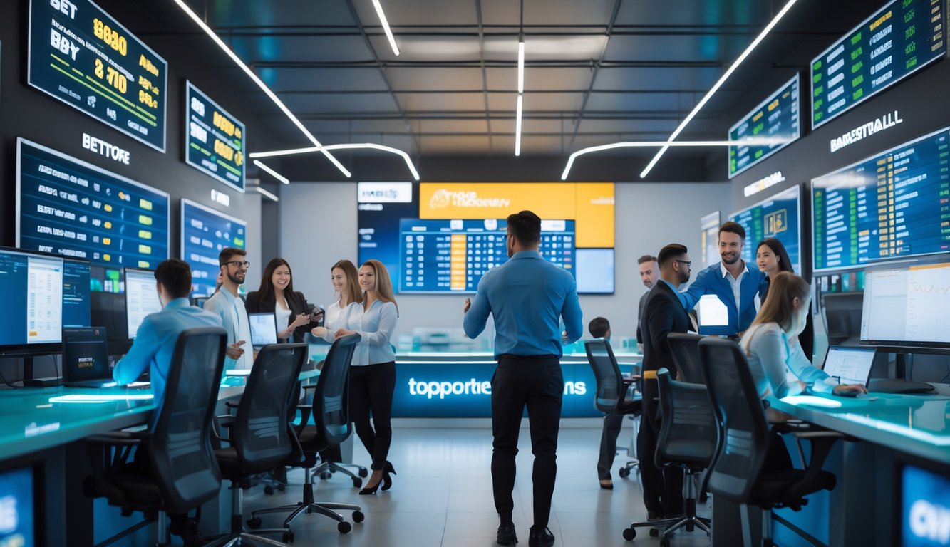 Orang-orang di ruang taruhan modern yang sibuk dengan layar besar menampilkan odds taruhan olahraga dan grafik.