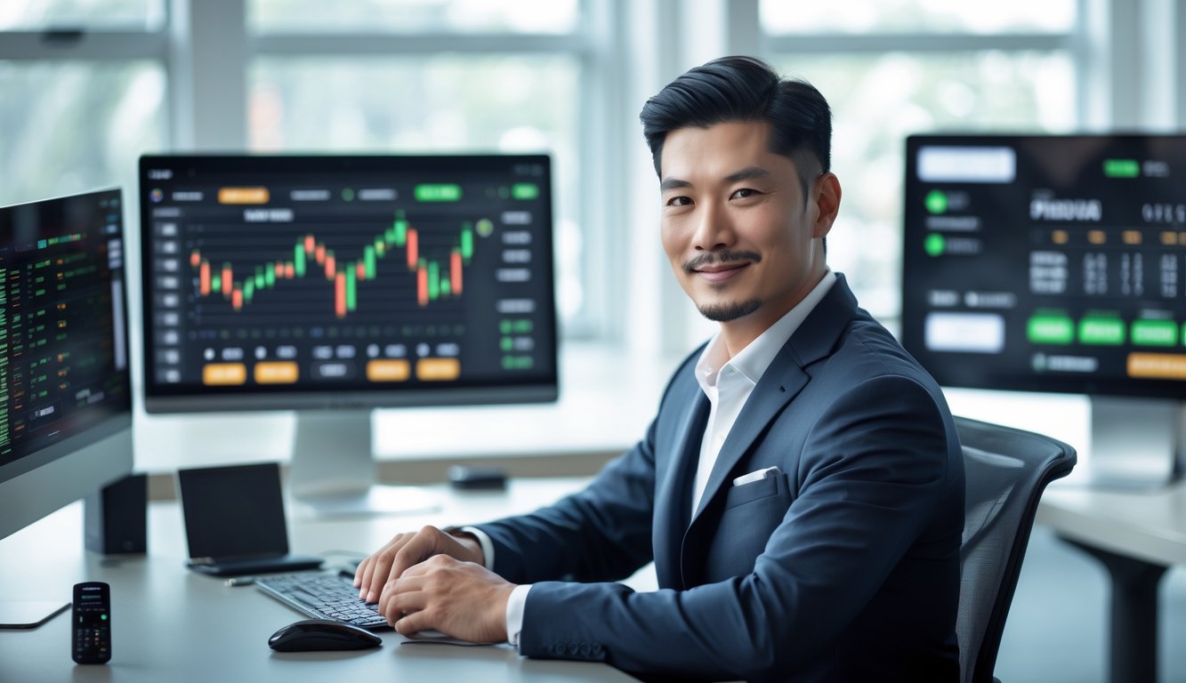 Seorang pria Asia berpakaian rapi duduk di meja kantor modern dengan beberapa monitor komputer yang menampilkan grafik statistik taruhan olahraga.