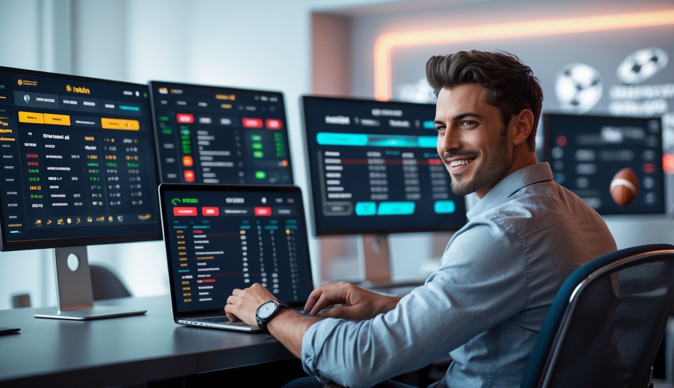 Seorang pria muda duduk di depan komputer dengan layar menampilkan statistik dan peluang taruhan olahraga dalam ruang kantor modern.