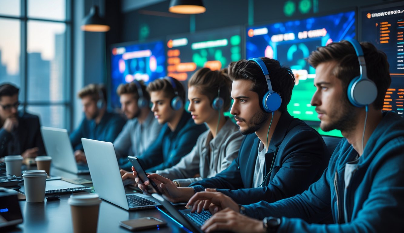 Sekelompok orang muda menggunakan laptop dan ponsel di ruangan modern dengan layar digital, menunjukkan suasana platform taruhan online 24 jam.