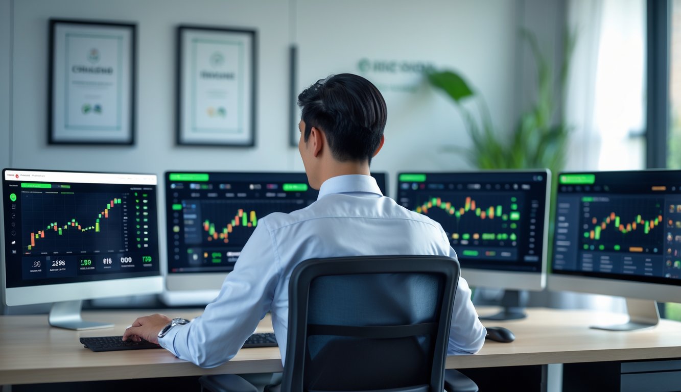 Seorang pria Asia yang percaya diri duduk di depan komputer dengan beberapa layar yang menampilkan grafik dan antarmuka taruhan olahraga dalam ruangan kantor modern.