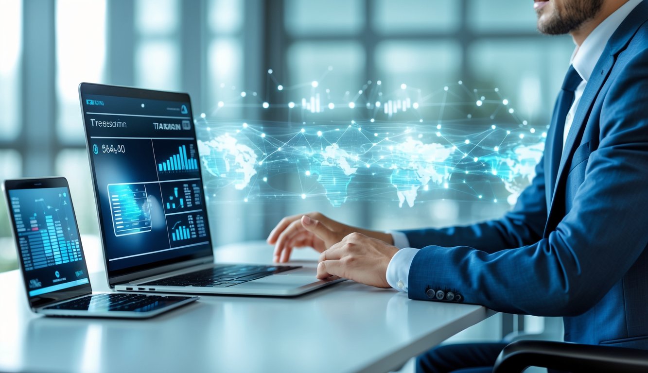 Seorang profesional duduk di meja kantor dengan laptop dan ponsel, menunjukkan aktivitas transaksi online cepat dan aman.