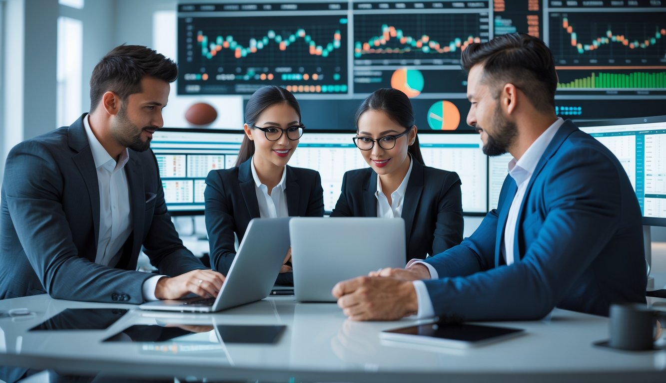 Dua orang profesional sedang bekerja bersama di kantor modern dengan layar komputer menampilkan data olahraga.