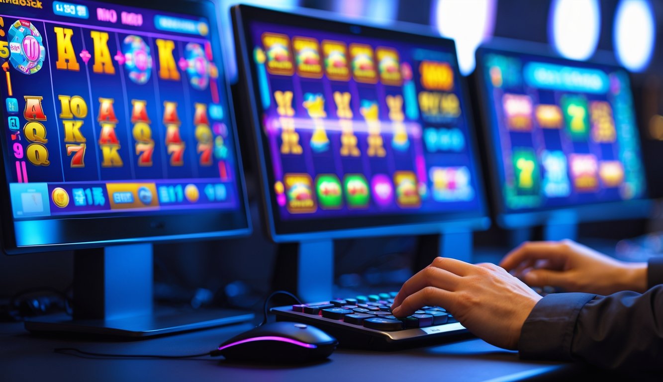 Seseorang bermain mesin slot online di depan komputer dengan beberapa monitor yang menampilkan permainan slot berwarna-warni.