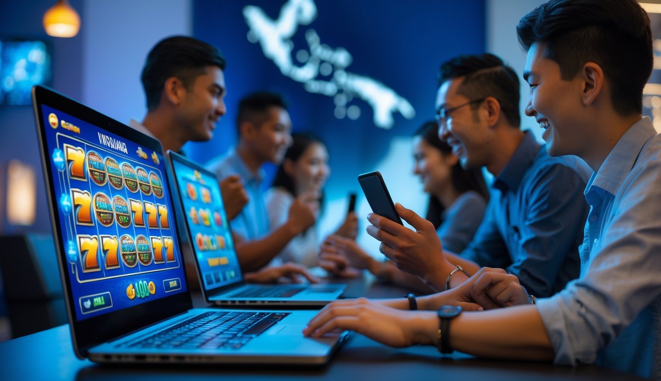 Orang-orang bermain permainan slot online di perangkat digital dengan latar belakang yang menunjukkan suasana modern dan suasana Indonesia.