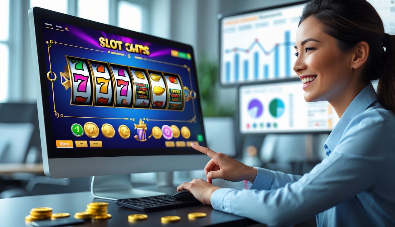 Seseorang sedang bermain mesin slot online dengan layar komputer yang menampilkan grafik permainan warna-warni dan suasana kantor modern.