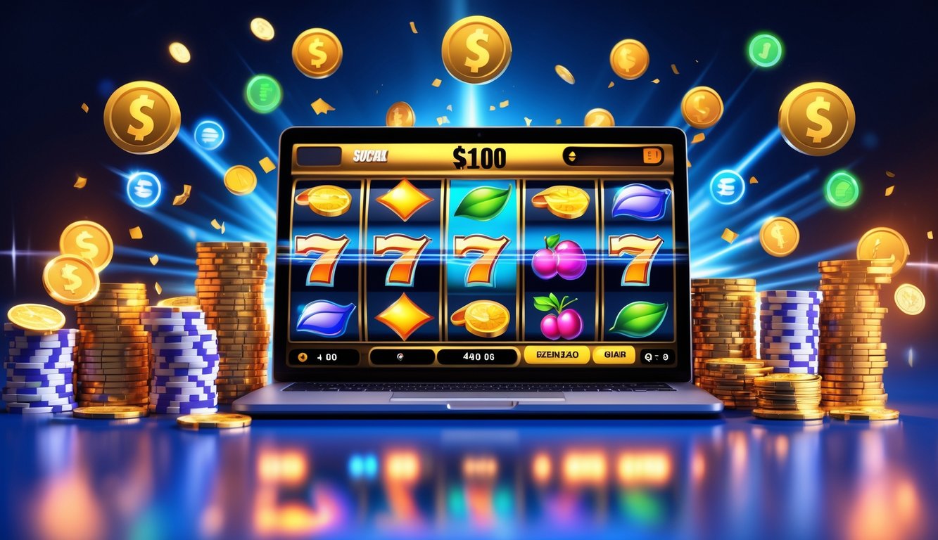 Sebuah komputer dengan permainan slot online yang berwarna-warni dan tumpukan chip kasino di sekitarnya.