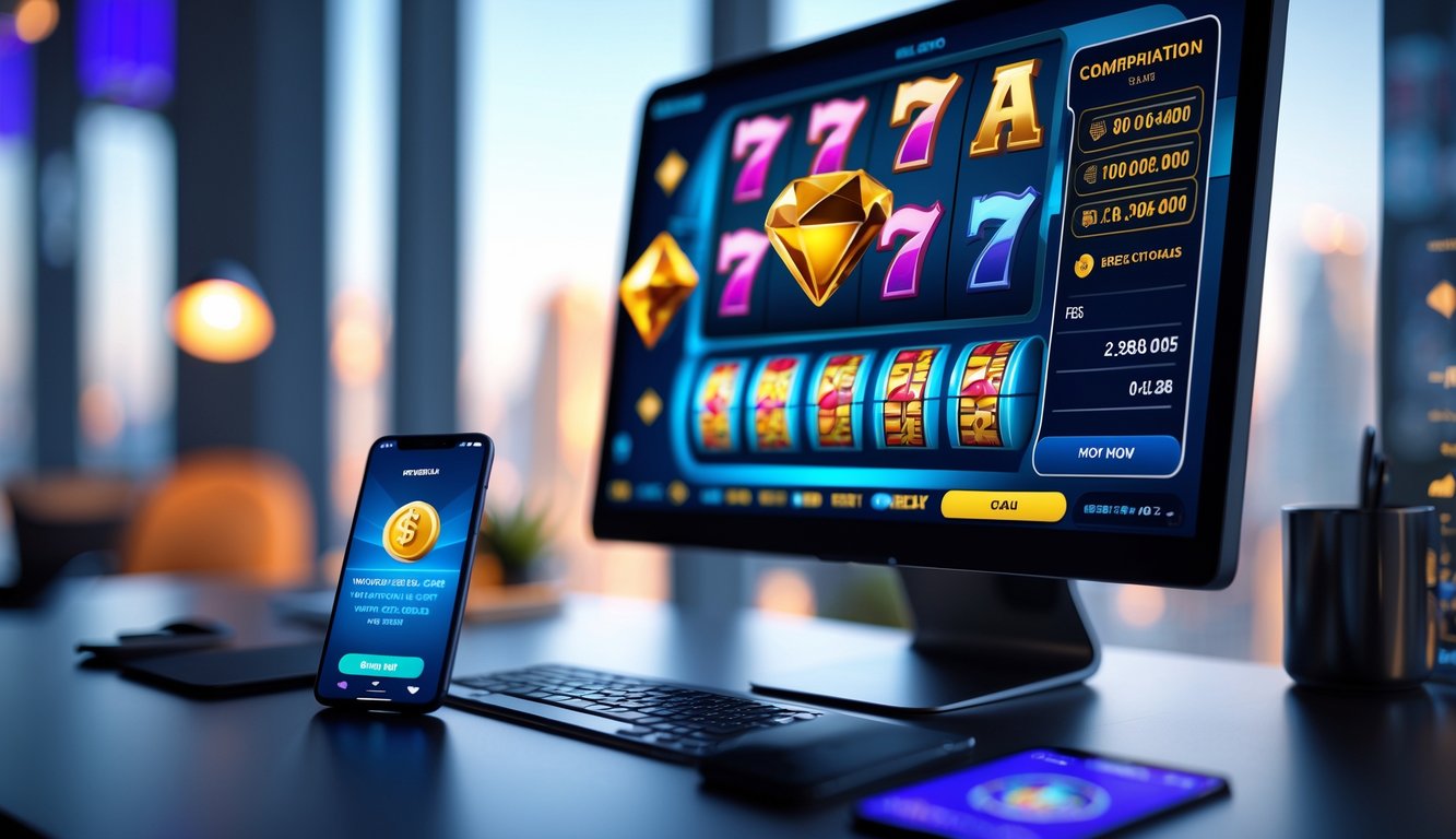 Sebuah ruang kerja modern dengan monitor menampilkan permainan slot dan ponsel yang menunjukkan konfirmasi transaksi cepat.