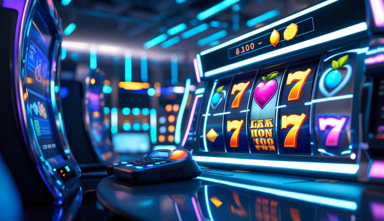 Antarmuka permainan slot online dengan mesin slot berwarna cerah dan latar belakang server yang menyala.