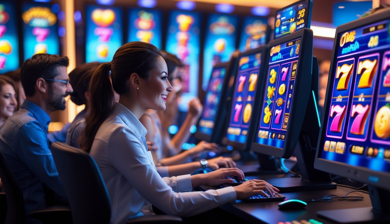 Orang-orang sedang bermain permainan slot online di komputer dengan latar belakang lampu neon yang terang.