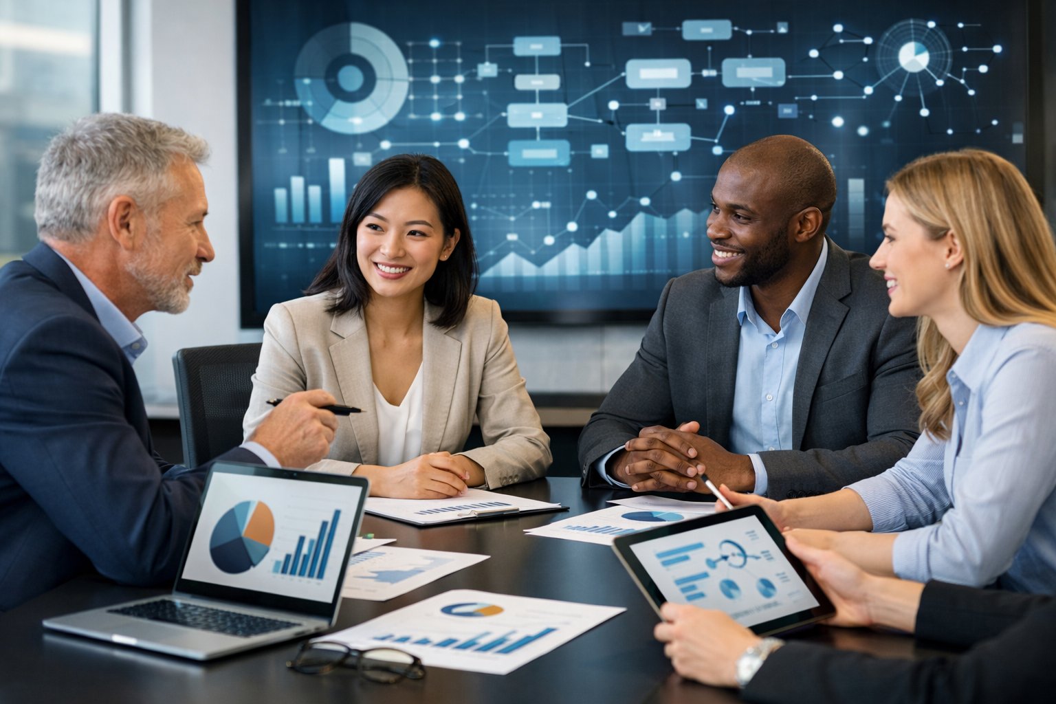 Persone professionali in ufficio che discutono insieme attorno a un tavolo con dispositivi elettronici e grafici.