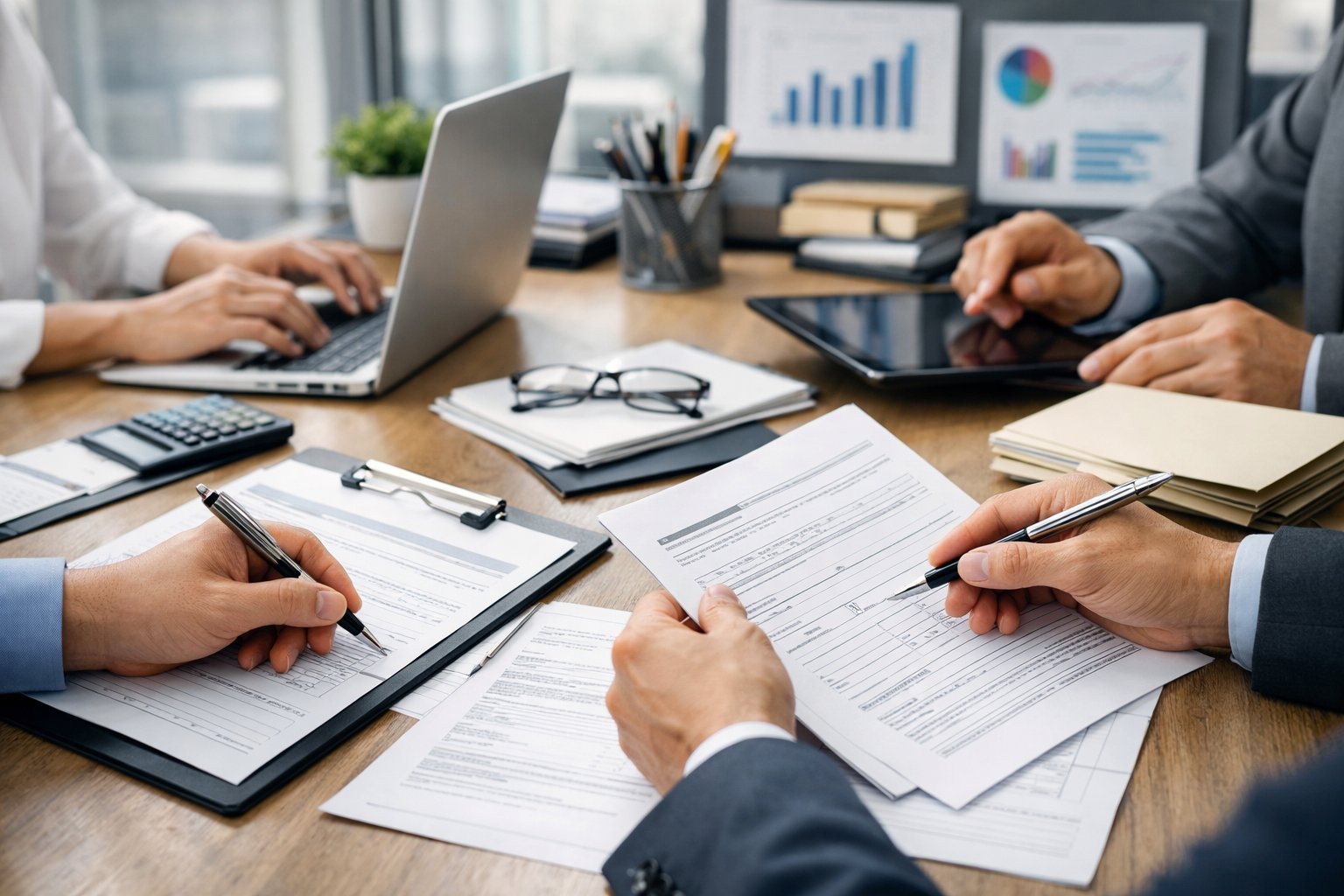 Persone al lavoro in un ufficio moderno che gestiscono documenti e dispositivi digitali per operazioni aziendali.