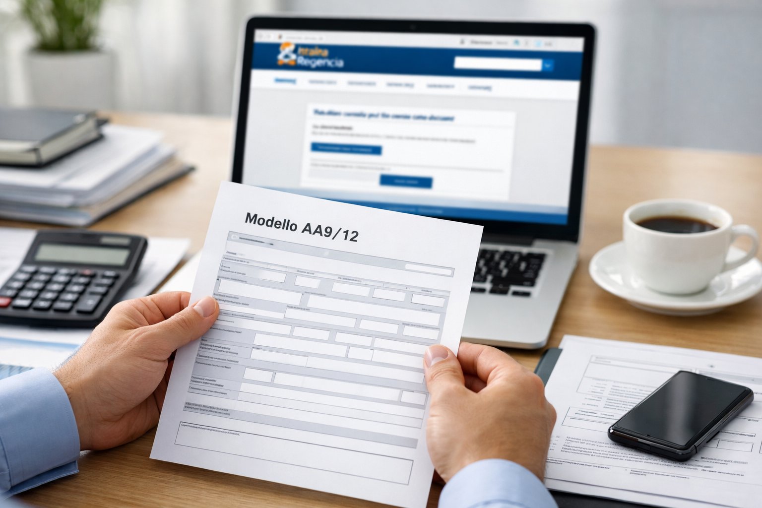 Mani che tengono un modulo su una scrivania con un computer aperto in un ufficio moderno, rappresentando l'invio di documenti fiscali.