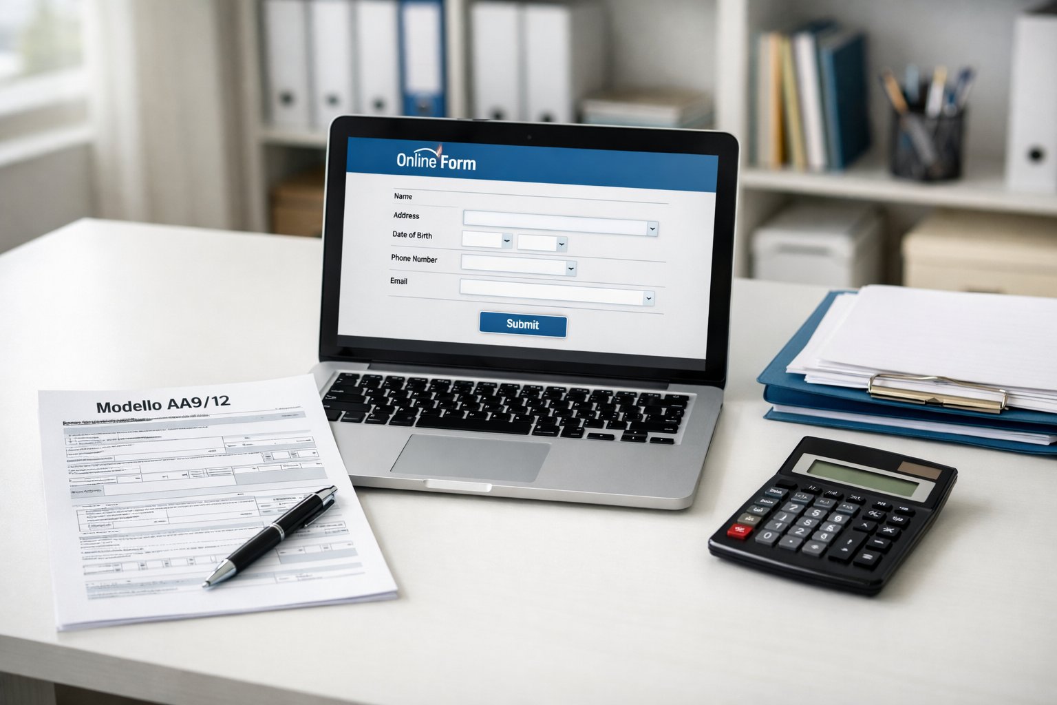 Una scrivania d'ufficio ordinata con un computer portatile, un modulo stampato, una penna e documenti organizzati.