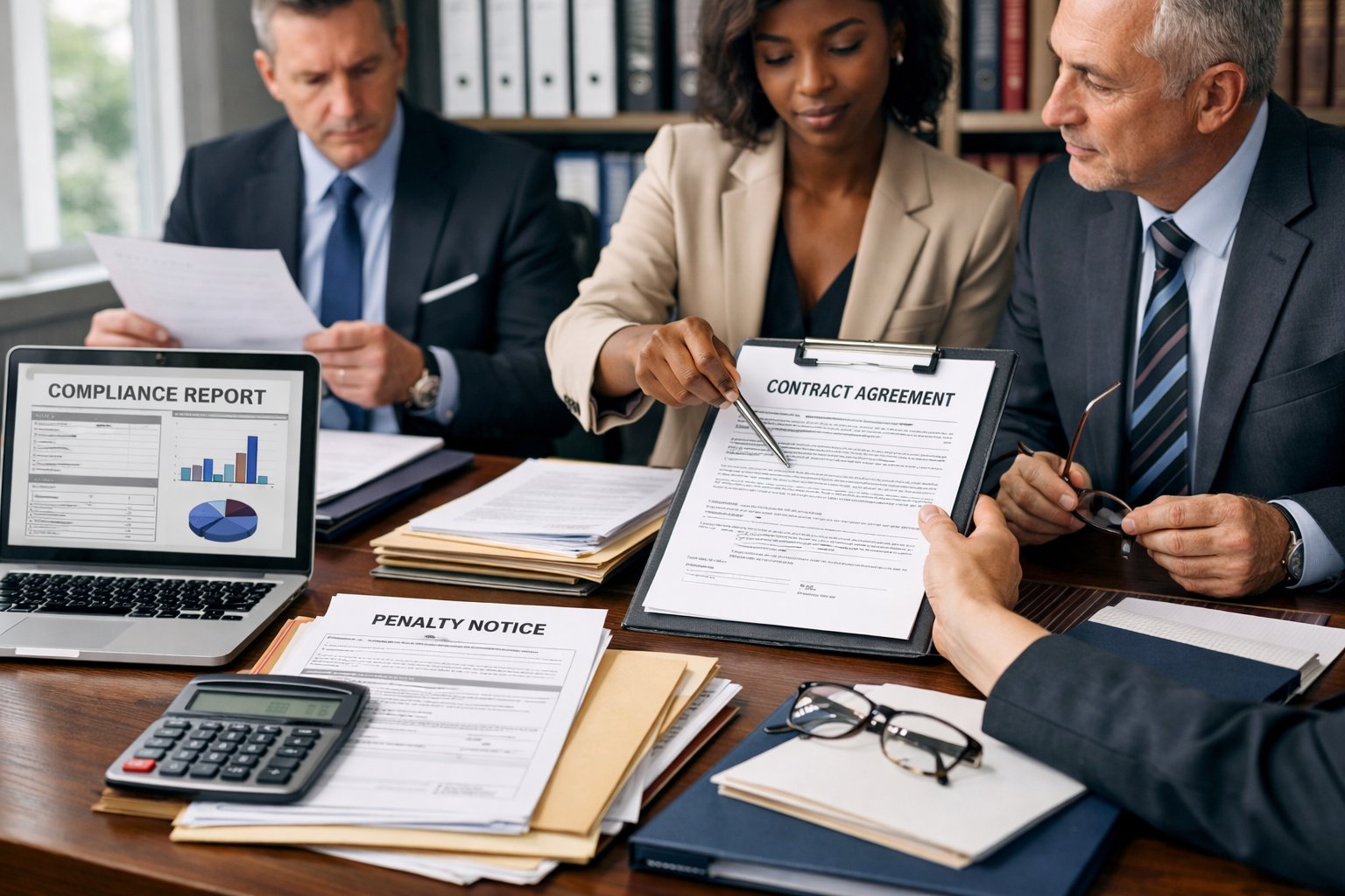 Persone in ufficio che esaminano documenti e discutono questioni amministrative e legali attorno a una scrivania con cartelle e computer.