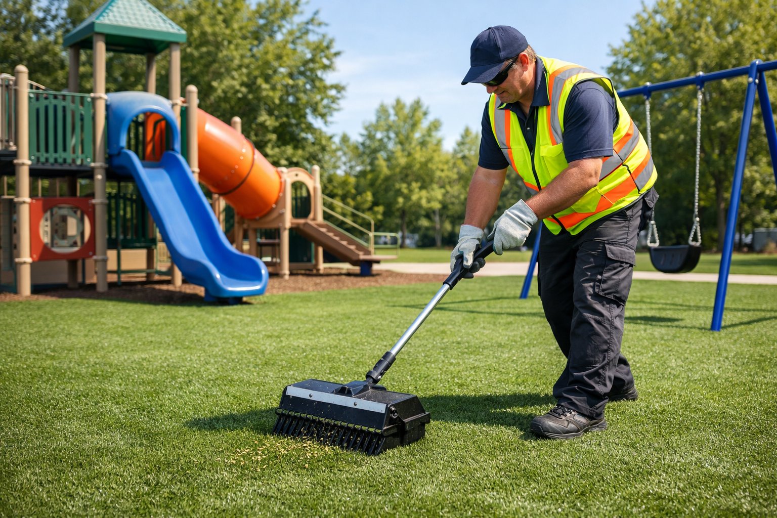 A maintenance worker in safety gear cleaning and inspecting artificial turf in a playground with play structures and trees in the background.